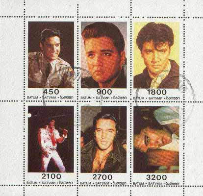 Batum 1996 Elvis Presley perf sheetlet containing set of 6 values cto used, stamps on music     personalities        elvis  entertainments     films    cinema