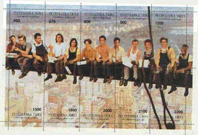 Touva 1997 'The Boys Team' (Mickey Rourk, Jim Carey, Hugh Grant, C Slater, Kevin Costner, Tom Cruise, Eddie Murphy etc) perf sheetlet containing complete set of 10 values, stamps on films     entertainments    cinema  