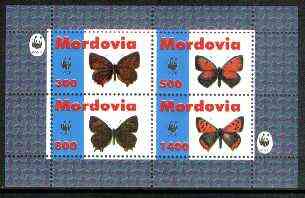 Mordovia Republic 1998 WWF - Butterflies perf sheetlet containing complete set of 4 values unmounted mint, stamps on wwf    butterflies, stamps on  wwf , stamps on 