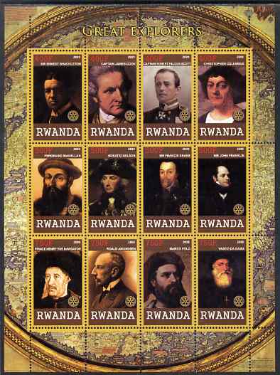Rwanda 2009 Great Explorers perf sheetlet containing 12 values unmounted mint each with Rotary Logos (Shackleton, Cook, Columbus, Scott, Vasco da Gama, Marco Polo,Nelson, Drake, etc), stamps on personalities, stamps on explorers, stamps on rotary, stamps on shackleton, stamps on cook, stamps on scott, stamps on columbus, stamps on magellan, stamps on nelson, stamps on drake, stamps on franklin, stamps on amundsen, stamps on marco, stamps on polo, stamps on vasco da gama