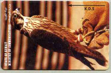 Telephone Card - Kuwait KD5 phone card showing Falcon, stamps on birds    birds of prey     falcon