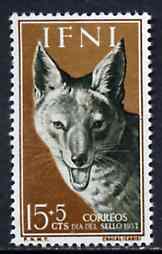 Ifni 1957 Head of Golden Jackal 15c + 5c from Colonial Stamp Day set, SG 137 unmounted mint*, stamps on jackal    dogs