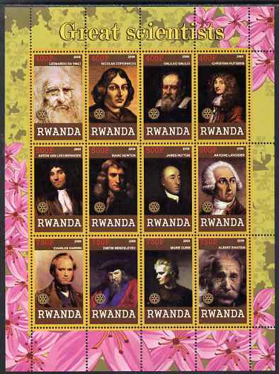 Rwanda 2009 Great Scientists perf sheetlet containing 12 values unmounted mint each with Rotary Logos (da Vinci, Copernicus, Galileo, Newton, Darwin, Curie, Einstein, etc), stamps on personalities, stamps on einstein, stamps on science, stamps on physics, stamps on nobel, stamps on maths, stamps on space, stamps on judaica, stamps on atomics, stamps on leonardo, stamps on da vinci, stamps on copernicus, stamps on darwin, stamps on newton, stamps on 