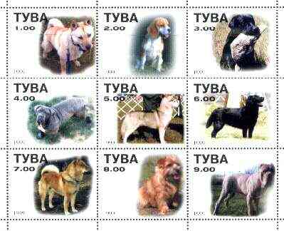 Touva 1999 Dogs #07 perf sheetlet containing set of 9 unmounted mint, stamps on dogs, stamps on beagle, stamps on labrador, stamps on  gsd , stamps on terrier, stamps on husky