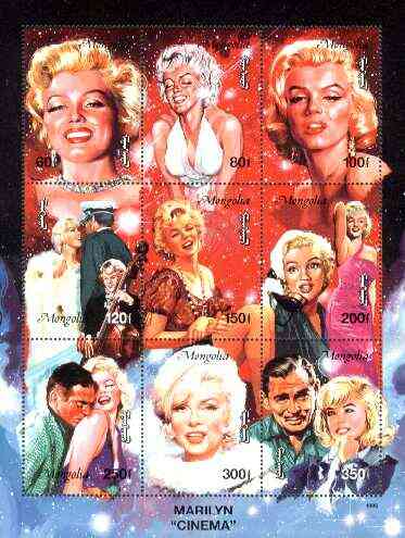 Mongolia 1995 Marilyn Monroe composite perf sheetlet containing 9 values unmounted mint, stamps on music, stamps on personalities, stamps on entertainments, stamps on films, stamps on cinema, stamps on marilyn monroe