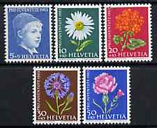 Switzerland 1963 Pro Juventute set of 5 (Flowers & Portrait of Boy) unmounted mint SG J197-201*, stamps on flowers     children
