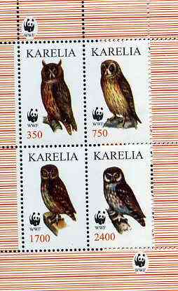 Karelia Republic 1998 WWF - Owls perf sheetlet containing complete set of 4 values unmounted mint, stamps on wwf    birds    birds of prey    owls, stamps on  wwf , stamps on 