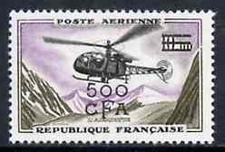 Reunion 1961 Surcharged 500f on 10f Helicopter unmounted mint, SG 405, stamps on aviation    helicopter