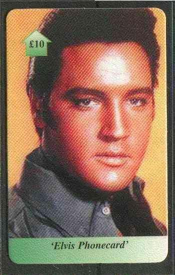 Telephone Card - Elvis £10 phone card #02 showing early portrait of Elvis in black shirt, stamps on elvis      pops      entertainments    music