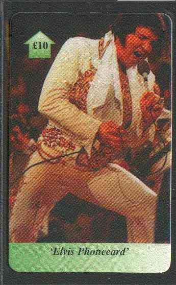 Telephone Card - Elvis £10 phone card #07 showing Elvis in white stage suit, stamps on elvis      pops      entertainments    music