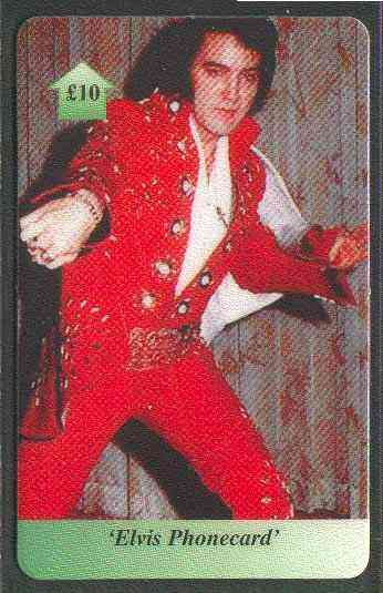 Telephone Card - Elvis £10 phone card #08 showing Elvis in red stage suit, stamps on elvis      pops      entertainments    music