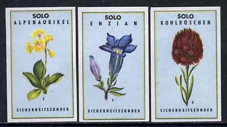 Match Box Labels - complete set of 3 Flowers superb unused condition (Austrian Solo series), stamps on flowers