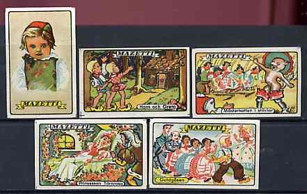 Match Box Labels - complete set of 5 Nursery Rhymes superb unused condition (Sweden Mazetti series), stamps on fairy tales