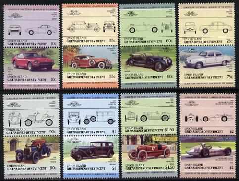St Vincent - Union Island 1985 Cars #3 (Leaders of the World) set of 16 unmounted mint, stamps on cars    duesenberg    fiat    datsun    panhard     daimler    watson     darracq    laganda