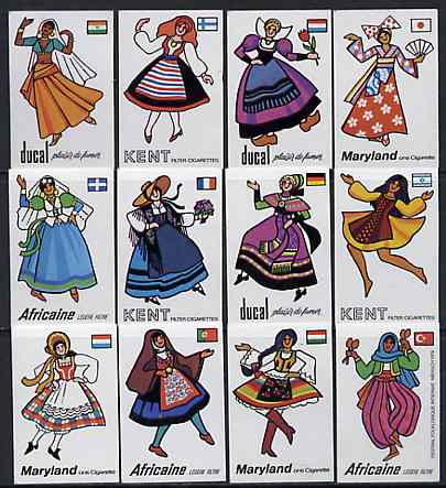 Match Box Labels - complete set of 12 Costumes & Flags superb unused condition (1979 Festival of International Folklore series sponsored by various brands of Cigarettes), stamps on , stamps on  stamps on costumes     flags     cigarettes    tobacco
