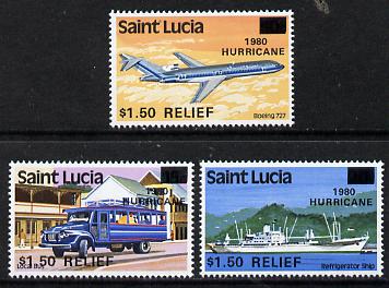 St Lucia 1980 Hurricane Relief surcharged set of 3 (SG 564-66) unmounted mint*, stamps on disasters    environment     boeing    transport     weather