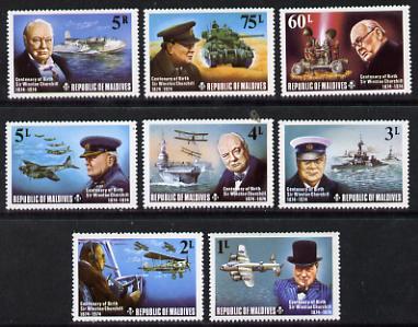 Maldive Islands 1974 Churchill Birth Centenary perf set of 8 unmounted mint, SG 535-42, stamps on churchill  militaria  personalities    ships    aviation      flat tops    flying boats