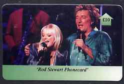 Telephone Card - Rod Stewart £10 phone card #1 showing Rod singing with baby Spice, stamps on pops, stamps on entertainments, stamps on music, stamps on spice