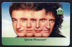 Telephone Card - Queen £10 phone card #1 showing the 4 faces (horiz), stamps on pops      entertainments    music   