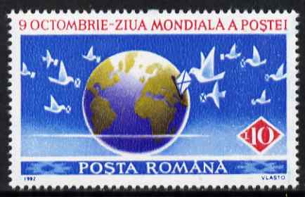 Rumania 1992 World Post Day 10L unmounted mint SG 5465, stamps on , stamps on  stamps on postal, stamps on  stamps on globes