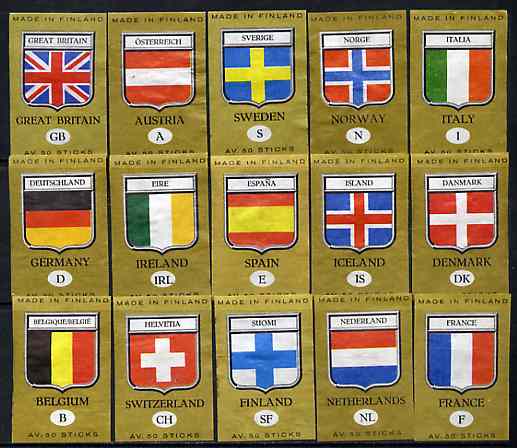 Match Box Labels - complete set of 15 European Flags superb unused condition (Finnish), stamps on flags