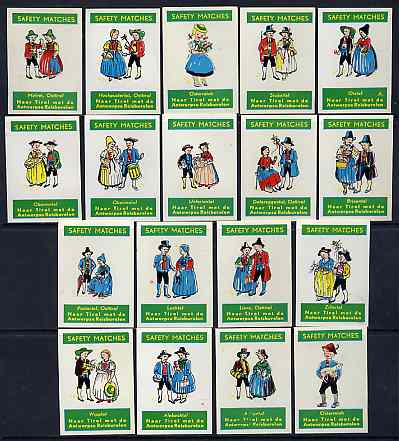 Match Box Labels - complete set of 18 Belgian Folklore Costumes superb unused condition (Naar Tirol, Belgian), stamps on costumes