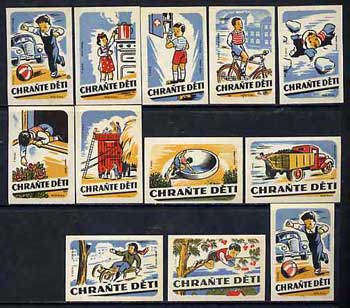 Match Box Labels - complete set of 12 Safety First superb unused condition (VÃºzo Praha), stamps on safety      trucks      bicycles