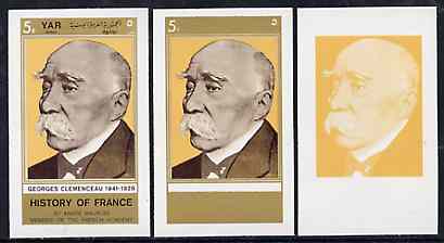 Yemen - Republic 1969 History of France 5B Georges Clemenceau set of 3 imperf progressive colour proofs comprising single colour, 2-colour & all 3 colour composites unmou..., stamps on personalities     constitutions      statesman    journalist