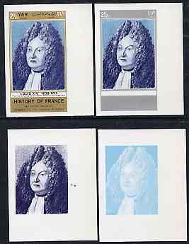 Yemen - Republic 1969 History of France 2.5B Louis XIV set of 4 imperf progressive colour proofs comprising two single colours, 3-colour & all 4 colour composites unmount..., stamps on personalities     royalty
