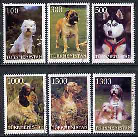 Turkmenistan 1998 Dogs  perf set of 6 values very fine cto used*, stamps on dogs     siberian husky     cocker spaniel    english setter     bearded collie     westie    mastiff