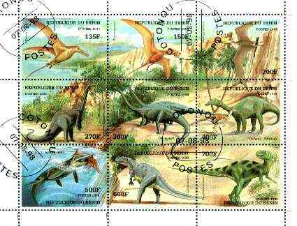 Benin 1998 Dinosaurs perf composite sheet containing set of 9 values very fine cto used, stamps on dinosaurs