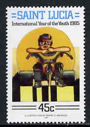 St Lucia 1985 Motorcyclist 45c from International Youth Year set, SG 842 unmounted mint*, stamps on motorbikes