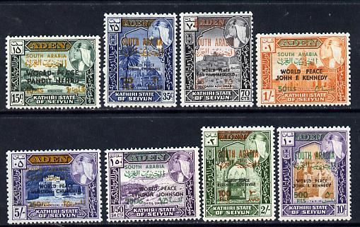 Aden - Kathiri 1967 World peace opt set of 8 unmounted mint with black opt, Mi 99-107, stamps on peace, stamps on churchill, stamps on kennedy, stamps on peace
