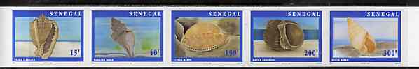 Senegal 1997 Shells complete set of 5 in superb unmounted mint imperf se-tenant strip from limited printing (Complete sheets containing 25 stamps (5 sets) available at normal x 4), stamps on shells