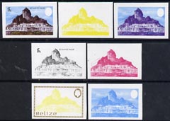 Belize 1983 Maya Monuments 15c (Xunantunich) x 7 imperf progressive proofs comprising the 4 main individual colours, plus 3 combination composites unmounted mint, as SG 7..., stamps on buildings   monuments  tourism    civil engineering