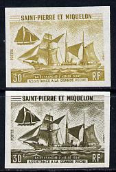 St Pierre & Miquelon 1971 Fisheries Protection Vessels 30f 'St Francis of Assisi' two IMPERF colour trial proofs unmounted mint as SG 491, stamps on fish  marine-life  ships
