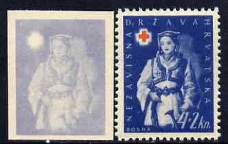 Croatia 1942 Red Cross Fund imperf proof of 4k + 2k in pale blue only (on ungummed paper) plus perforated issued stamp, stamps on red cross