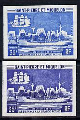 St Pierre & Miquelon 1971 Fisheries Protection Vessels 35f 'St Jehanne' two different IMPERF colour trial proofs unmounted mint (SG 492), stamps on fish  marine-life  ships