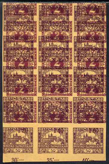 Czechoslovakia 1918 Hradcany 50h imperf proof block of 15 in purple doubly printed with Newspaper Express 2h in lilac, on ungummed buff paper, as SG 11 & E24, stamps on tourism, stamps on 