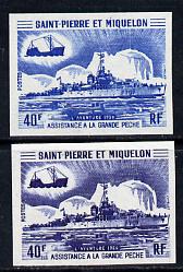 St Pierre & Miquelon 1971 Fisheries Protection Vessels 40f 'L'Aventure' two different Imperf colour trial proofs unmounted mint as SG 493, stamps on fish  marine-life  ships