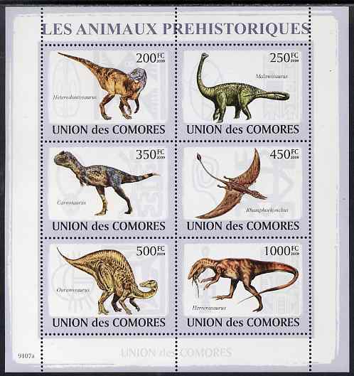 Comoro Islands 2009 Dinosaurs perf sheetlet containing 6 values unmounted mint, stamps on dinosaurs