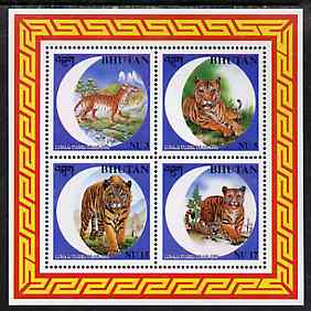 Bhutan 1998 Chinese New Year - Year of the Tiger sheetlet containing set of 4 unmounted mint, stamps on tigers    cats, stamps on lunar, stamps on lunar new year