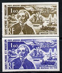 St Pierre & Miquelon 1972 Revaluation 1f60 Montcalm & Warships two different IMPERF colour trial proofs unmounted mint (SG 513), stamps on personalities  ships