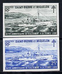 St Pierre & Miquelon 1971 French Naval Patrol Vessels 25f HMS Alyssum two different IMPERF colour trial proofs unmounted mint (SG 496), stamps on ships