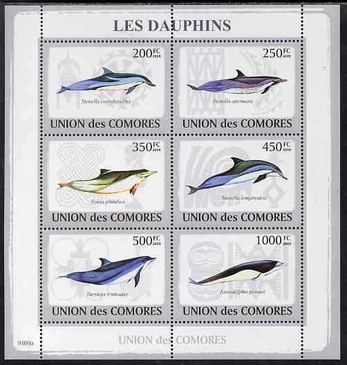 Comoro Islands 2009 Dolphins perf sheetlet containing 6 values unmounted mint, stamps on dolphins.marine life