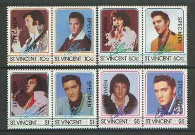 St Vincent 1985 Elvis Presley set of 8 opt'd SPECIMEN unmounted mint as SG 919-26, stamps on music     personalities        elvis  entertainments     films    cinema