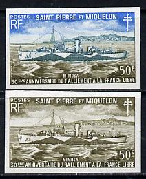 St Pierre & Miquelon 1971 French Naval Patrol Vessels 50f 'HMS Mimosa' two different IMPERF colour trial proofs unmounted mint (SG 497), stamps on ships