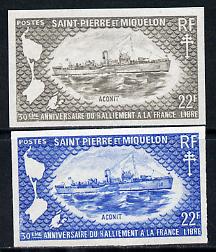 St Pierre & Miquelon 1971 French Naval Patrol Vessels 22f HMS Aconit two different IMPERF colour trial proofs unmounted mint (SG 495), stamps on ships
