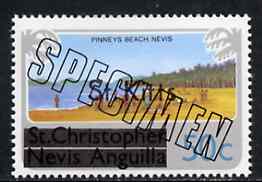 St Kitts 1980 Pinneys Beach 50c from optd def set, additionally optd SPECIMEN, as SG 37A unmounted mint, stamps on tourism