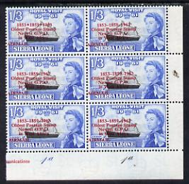 Sierra Leone 1963 Postal Commemoration 1s3d (HM Yacht Britannia) plate block of 6, one stamp with 'asterisks' variety, unmounted mint, SG 280b, stamps on ships  postal  varieties     sailing, stamps on scots, stamps on scotland